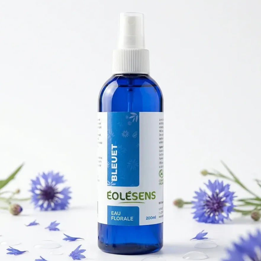 Eau florale bleuet bio Eolesens 200ml avec pétales frais et gouttes d'eau sur fond blanc