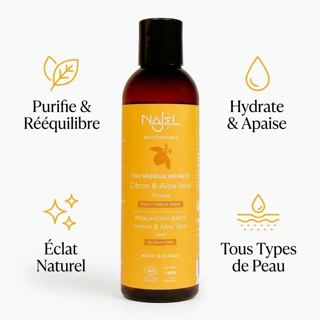 Eau florale Najel citron aloe vera bio 200ml avec bénéfices peau purifie hydrate éclat naturel