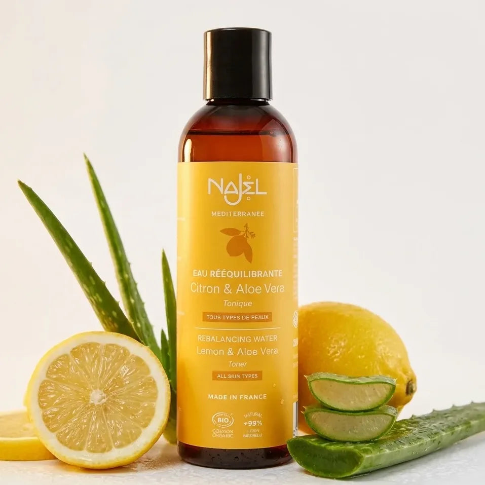 Eau florale Najel citron et aloe vera bio 200ml avec citrons frais et feuilles aloe vera