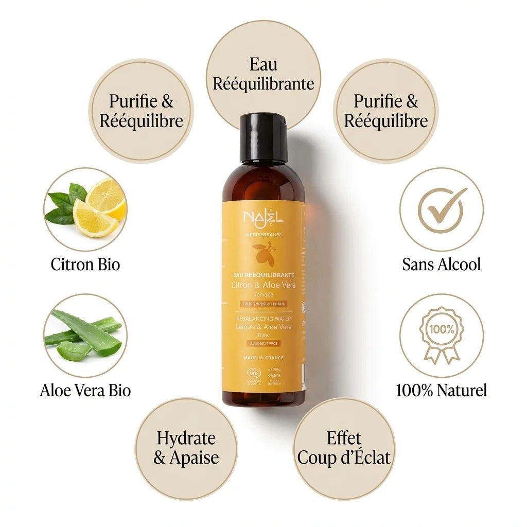 Eau florale Najel citron aloe vera bio 200ml avec ingrédients naturels et certifications