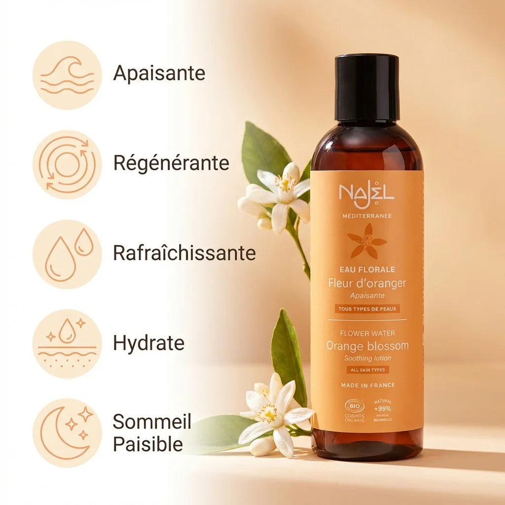 Eau Florale Oranger Bio Najel 200ml – Bouteille avec infographie bénéfices apaisante, régénérante, rafraîchissante