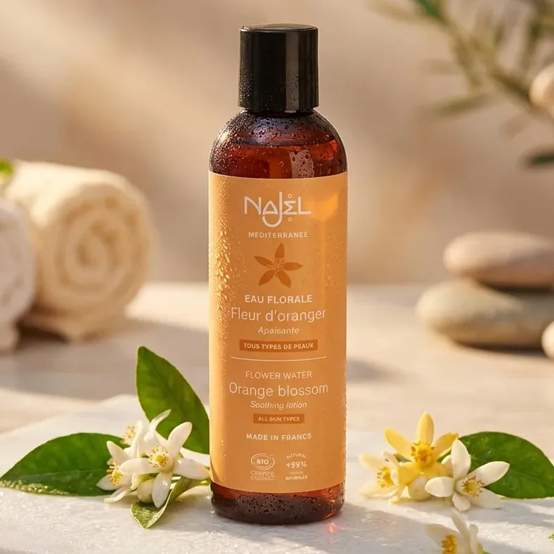 Eau florale bio d'oranger Najel 200ml avec fleurs fraîches sur surface marbre en ambiance spa luxe