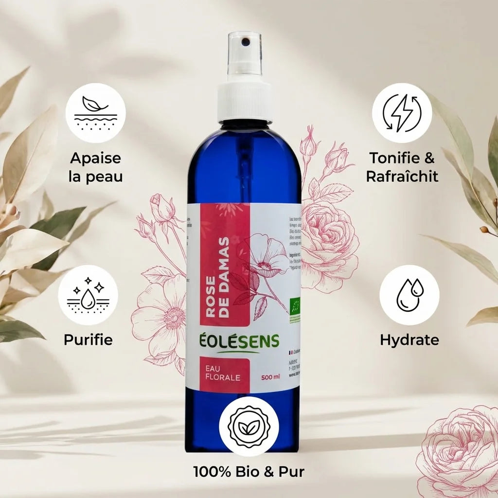 Eau florale Rose Bio Eolesens 500ml - Flacon verre bleu avec bénéfices skincare
