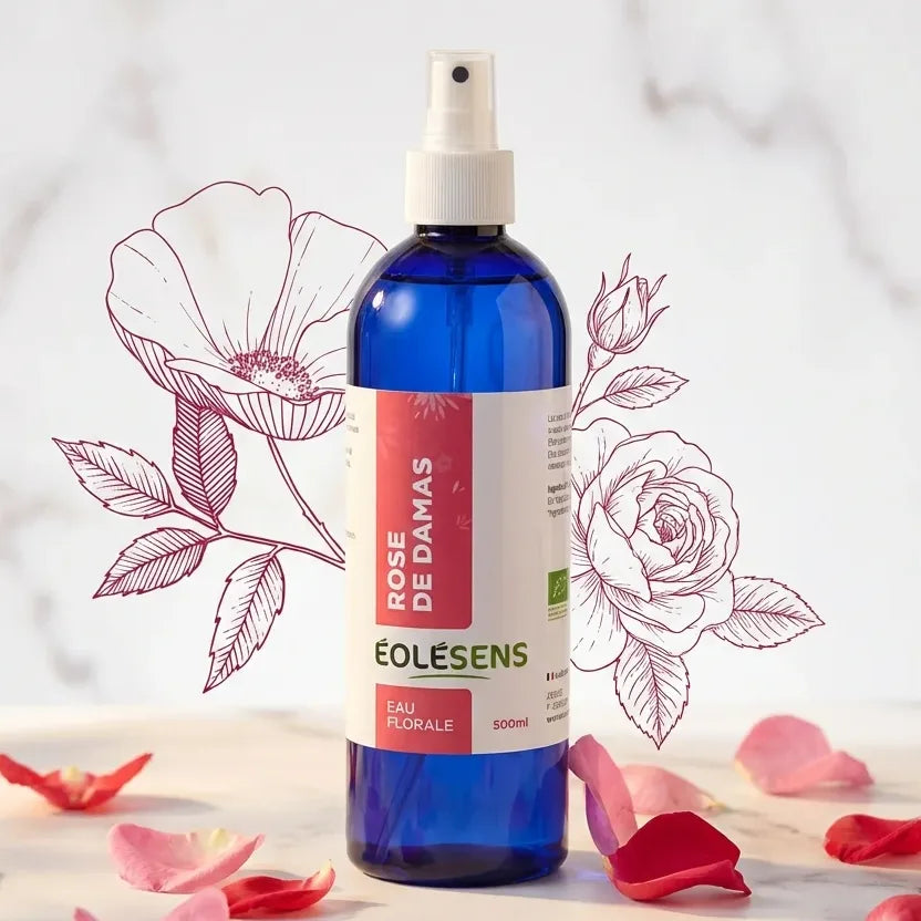 Eau florale Rose Bio Eolesens 500ml avec pétales de rose sur marbre blanc