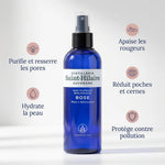 Eau florale rose bio Saint-Hilaire 200ml avec infographie bénéfices peau purifie hydrate apaise