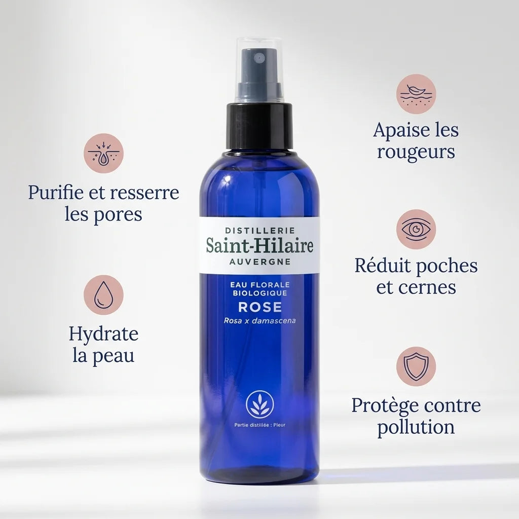Eau florale rose bio Saint-Hilaire 200ml avec infographie bénéfices peau purifie hydrate apaise