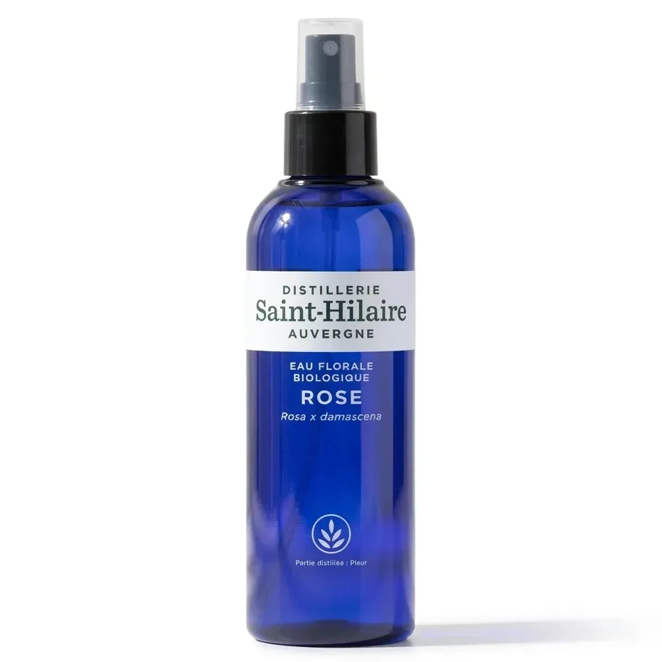 Flacon 200ml eau florale rose bio Distillerie Saint-Hilaire Auvergne, verre bleu cobalt