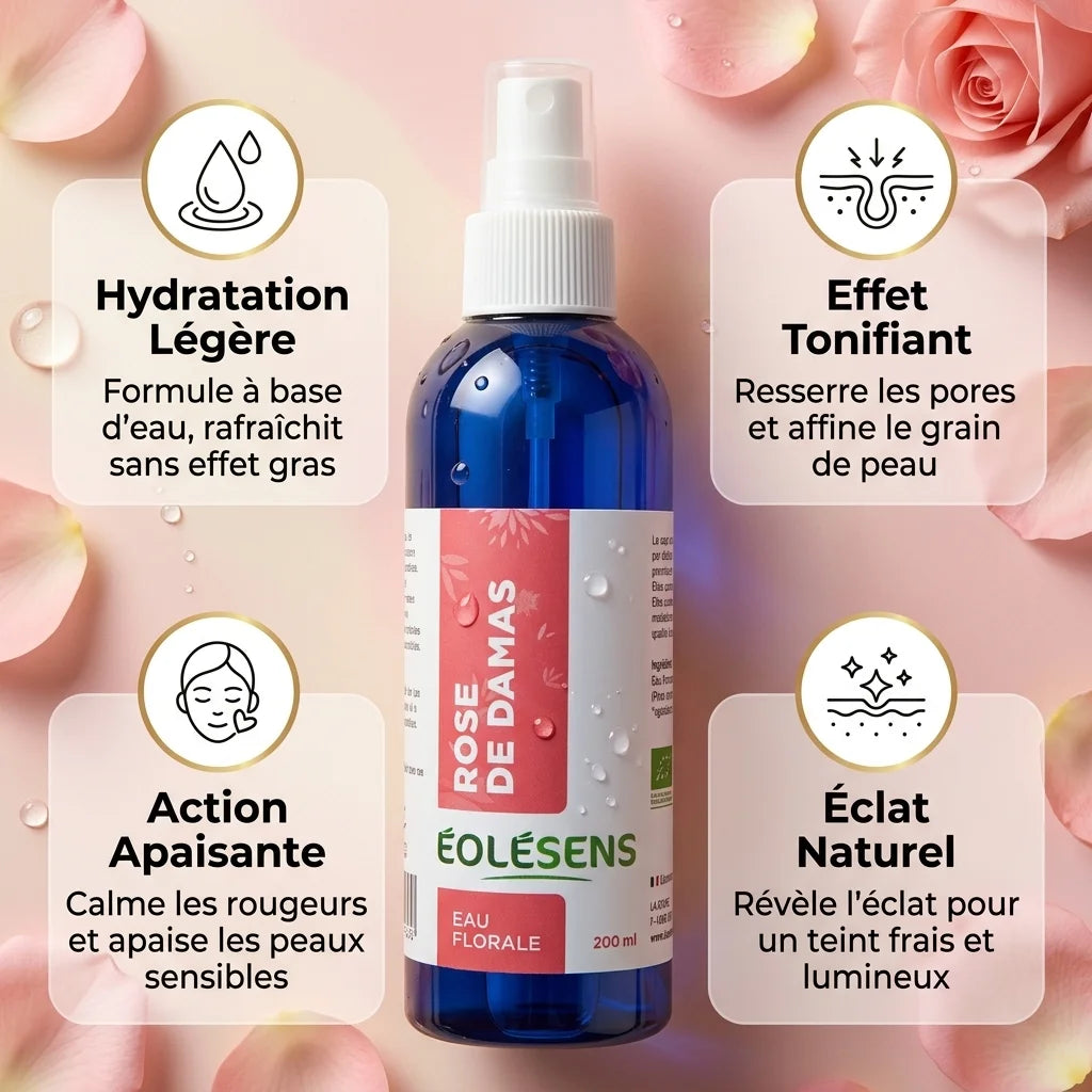 Eau florale rose bio 200ml Eolesens avec bénéfices hydratation tonifiante apaisante et éclat