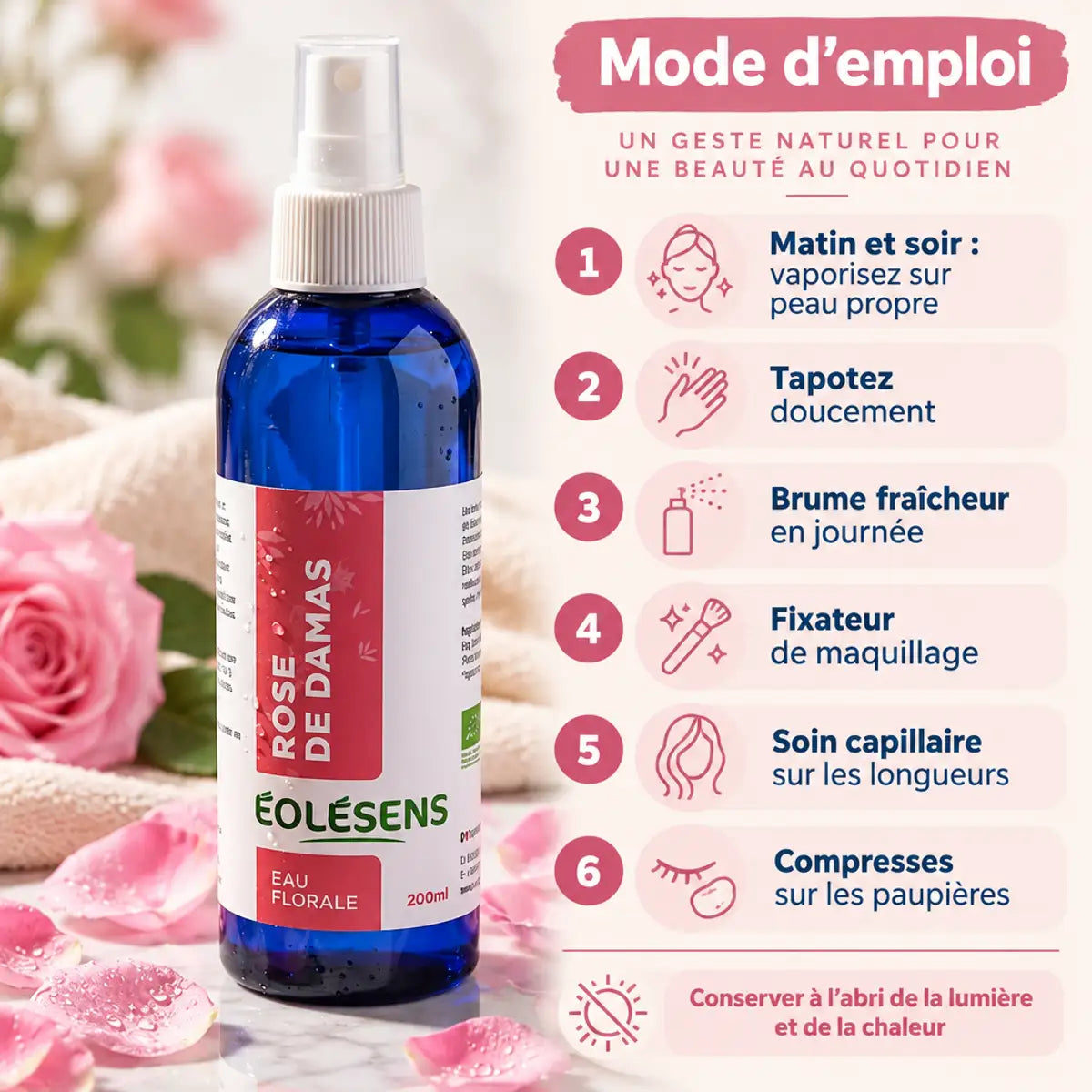 Eau florale de rose de Damas bio sans alcool 200 ml Éolésens, avec mode d'emploi en 6 étapes sur fond rose et crème
