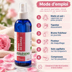 Eau florale de rose de Damas bio sans alcool 200 ml Éolésens, avec mode d'emploi en 6 étapes sur fond rose et crème