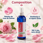 Flacon bleu Eolesens Eau Florale de Rose de Damas bio sans alcool 200 ml, entouré de pétales de rose et de trois éléments clés