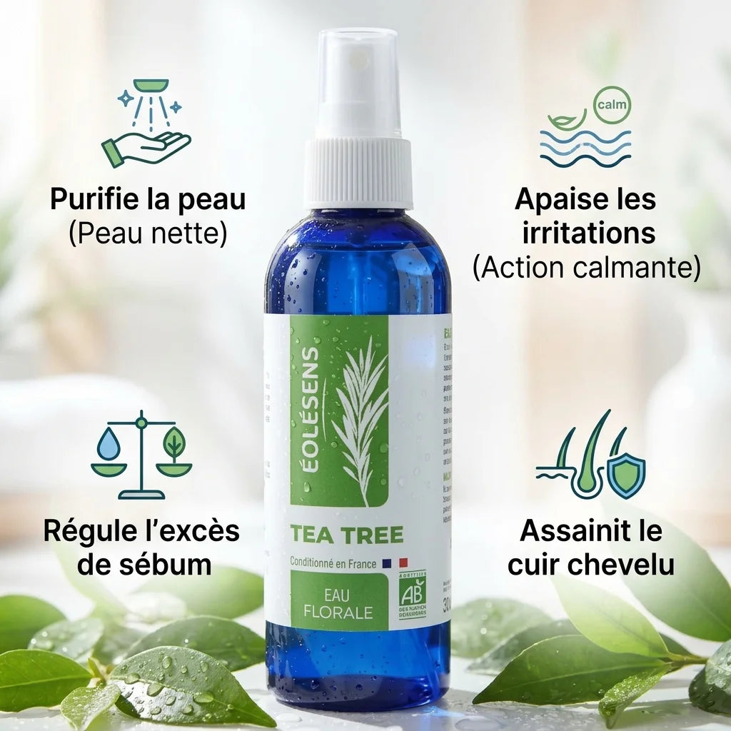 Eau florale Tea Tree 200ml Eolesens avec icônes bénéfices: purifie, apaise, régule sébum