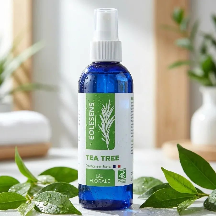 Eau florale Tea Tree 200ml Eolesens flacon vaporisateur sur feuilles vertes
