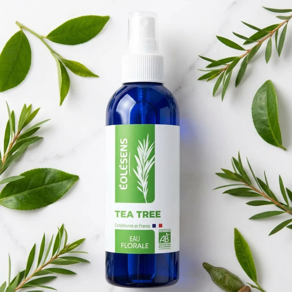 Eau florale Tea Tree 200ml Eolesens en flacon spray avec feuilles de tea tree frais