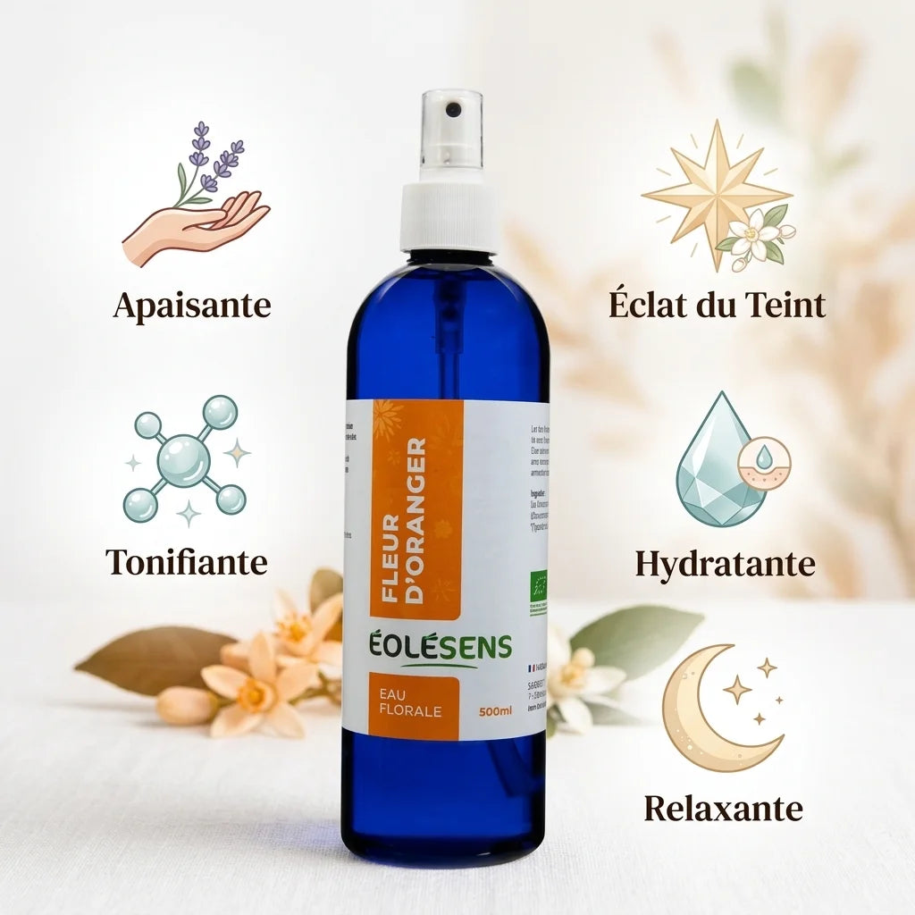 Eau florale bio fleur d'oranger 500ml Eolesens avec bénéfices apaisants et hydratants