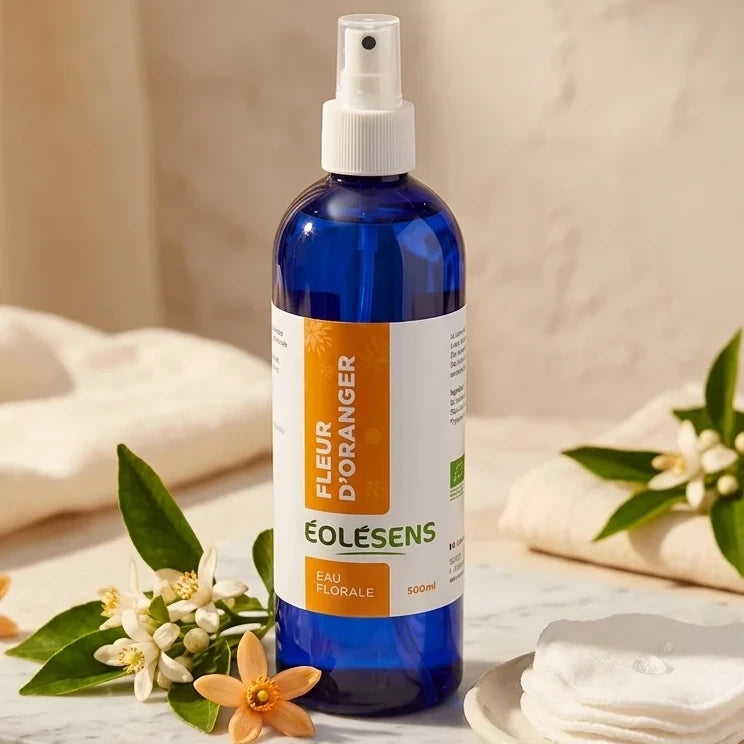 Eau florale Fleur d'Oranger Bio Eolesens 500ml avec fleurs d'oranger et accessoires skincare