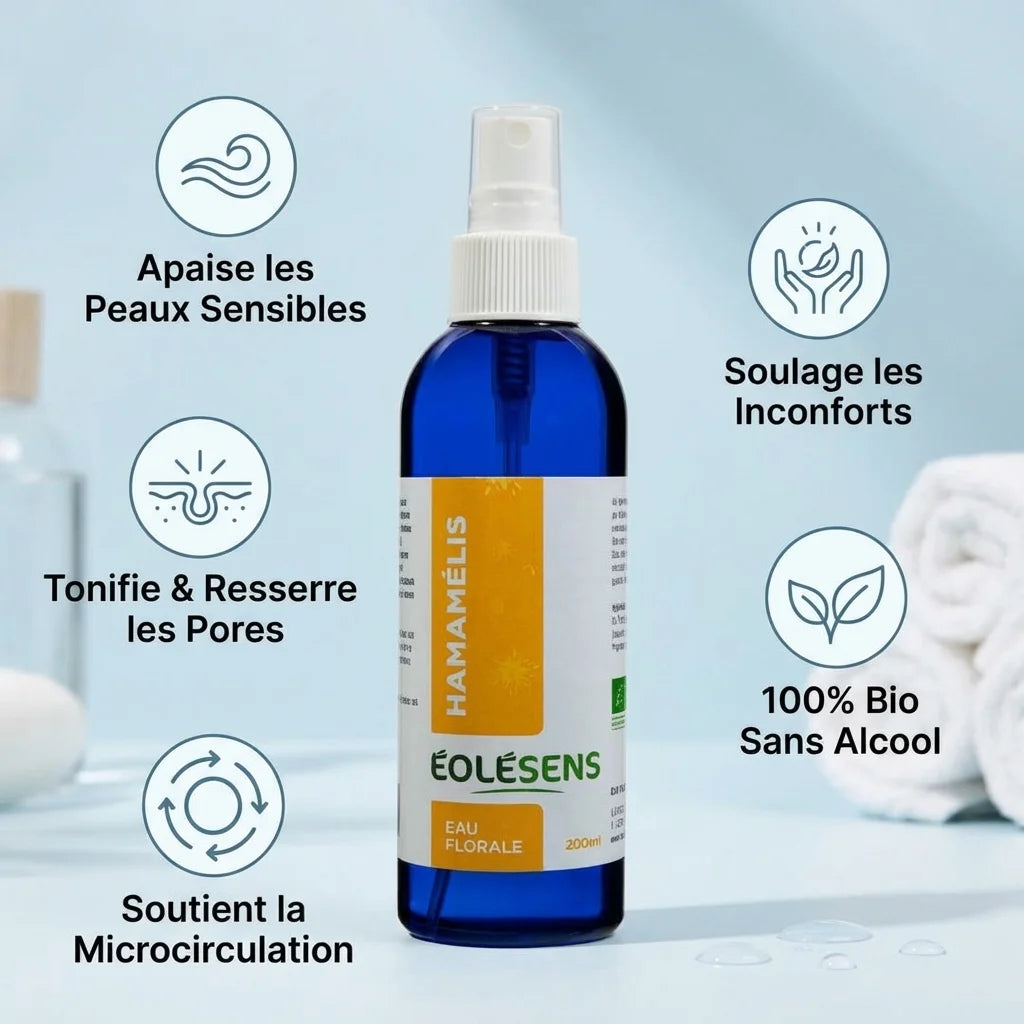 Eau florale Hamamélis bio 200ml Eolesens avec bénéfices pour peaux sensibles