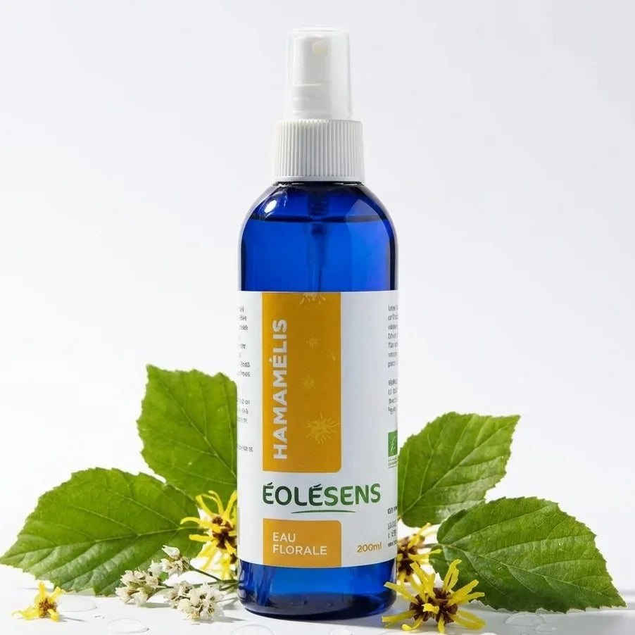 Eau florale Hamamélis bio Eolesens 200ml avec feuilles fraîches et gouttes d'eau
