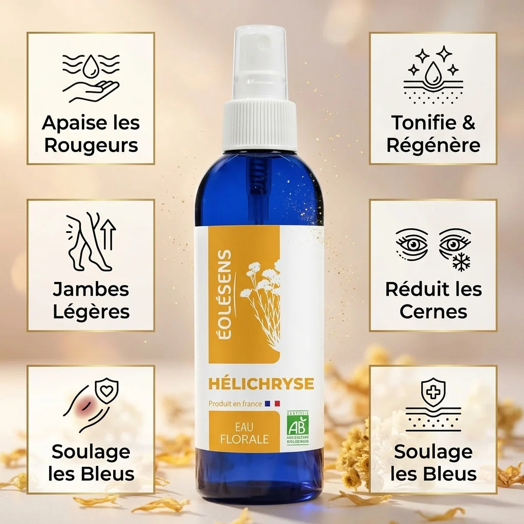 Eau florale Hélichryse bio 200ml Eolesens - Bouteille spray avec bénéfices peau et jambes légères