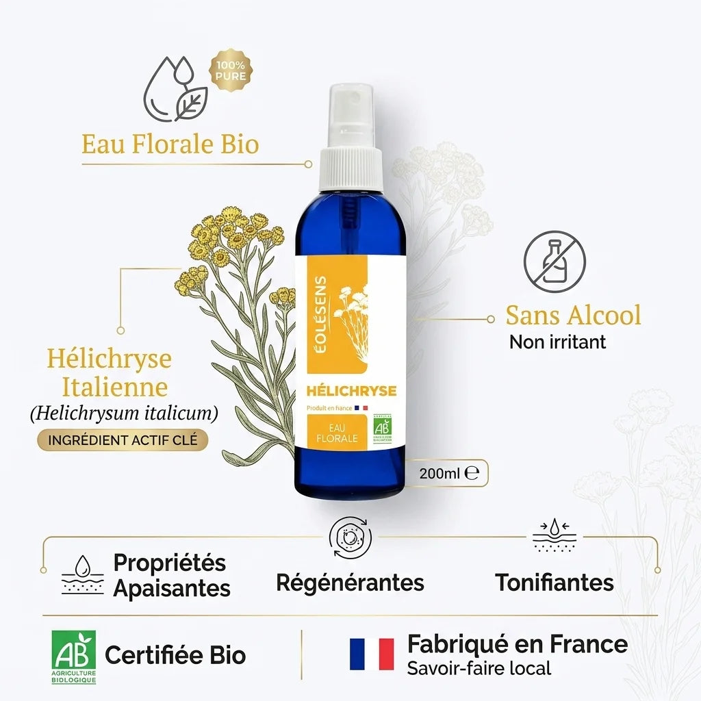 Eau Florale Hélichryse Bio 200ml Eolesens - Flacon spray verre bleu, propriétés apaisantes et régénérantes