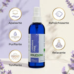 Eau florale lavande bio 200ml Eolesens avec infographies bénéfices apaisante purifiante tonifiante