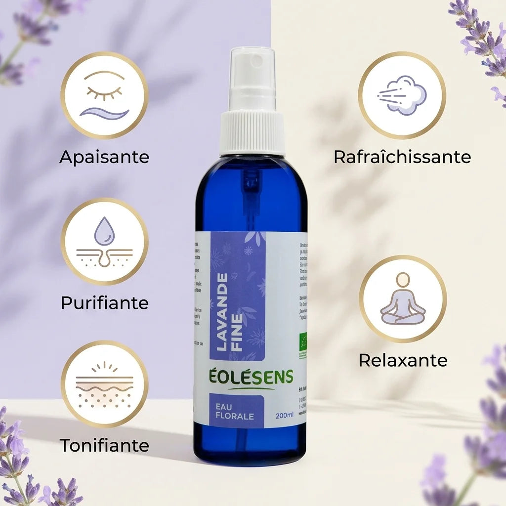 Eau florale lavande bio 200ml Eolesens avec infographies bénéfices apaisante purifiante tonifiante