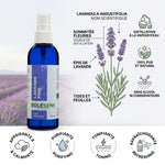 Eau florale lavande bio 200ml Eolesens avec infographie bénéfices apaisante purifiante tonifiante