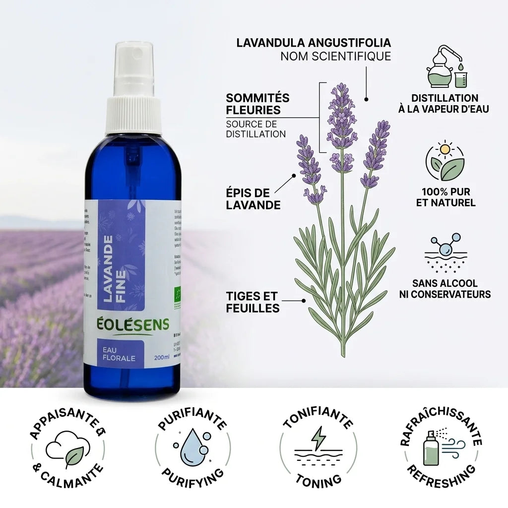 Eau florale lavande bio 200ml Eolesens avec infographie bénéfices apaisante purifiante tonifiante