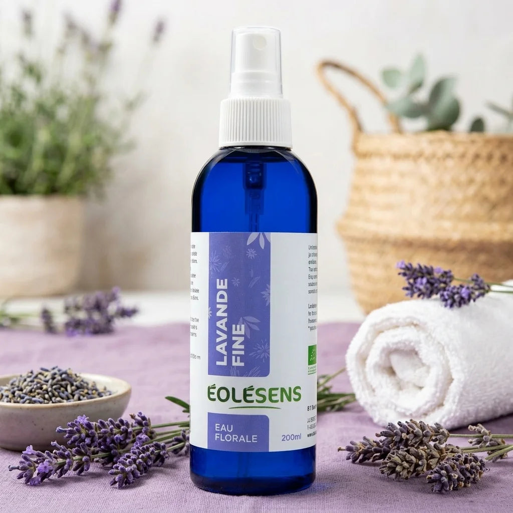 Eau florale lavande bio 200ml Eolesens avec fleurs séchées et accessoires spa sur linge naturel