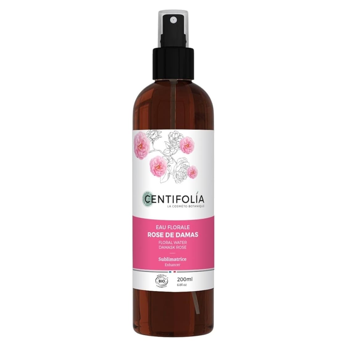 Un flacon d'Eau Florale de Rose de Damas de 200ml de la marque Centifolia.
