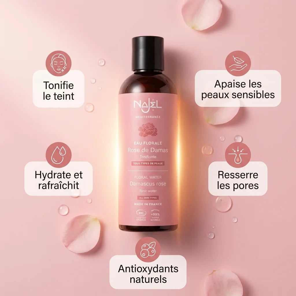 Eau Florale Rose de Damas Najel 200ml - Tonifie le teint et apaise les peaux sensibles