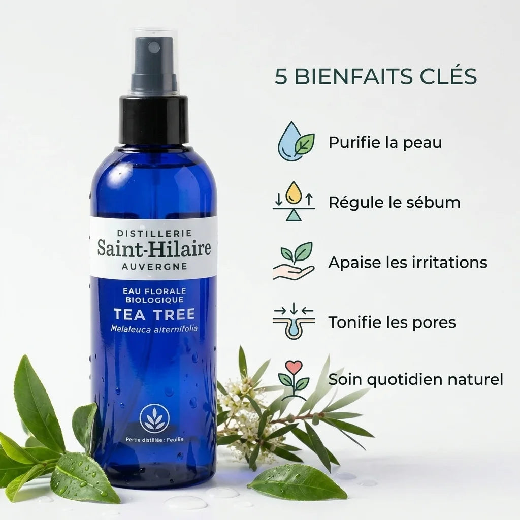 Eau Florale Tea Tree Bio Saint-Hilaire 200ml avec bénéfices peau purifie régule sébum apaise irritations