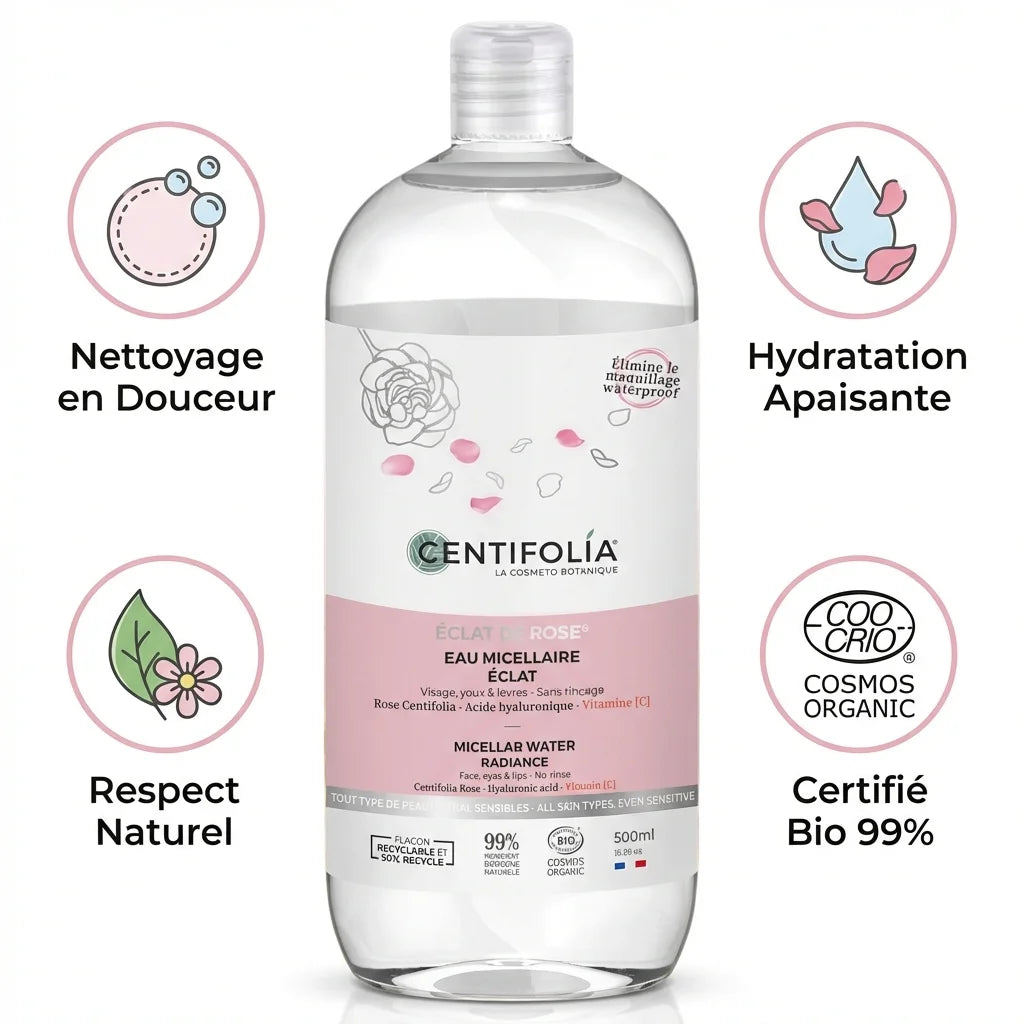 Centifolia eau micellaire Rose Bio 500ml avec bénéfices nettoyage hydratation certifiée Bio