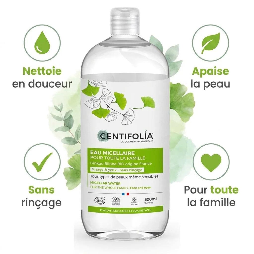 Eau Micellaire Centifolia 500ml famille - nettoyage doux apaisante sans rinçage