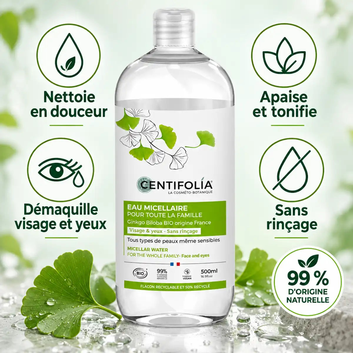 Eau Micellaire Centifolia 500 ml pour toute la famille : flacon transparent, étiquette feuille de ginkgo verte, bénéfices nettoyage doux et sans rinçage