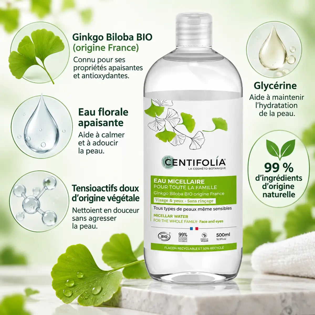 Eau micellaire Centifolia 500 ml pour toute la famille, avec Ginkgo Biloba BIO et ingrédients d'origine naturelle