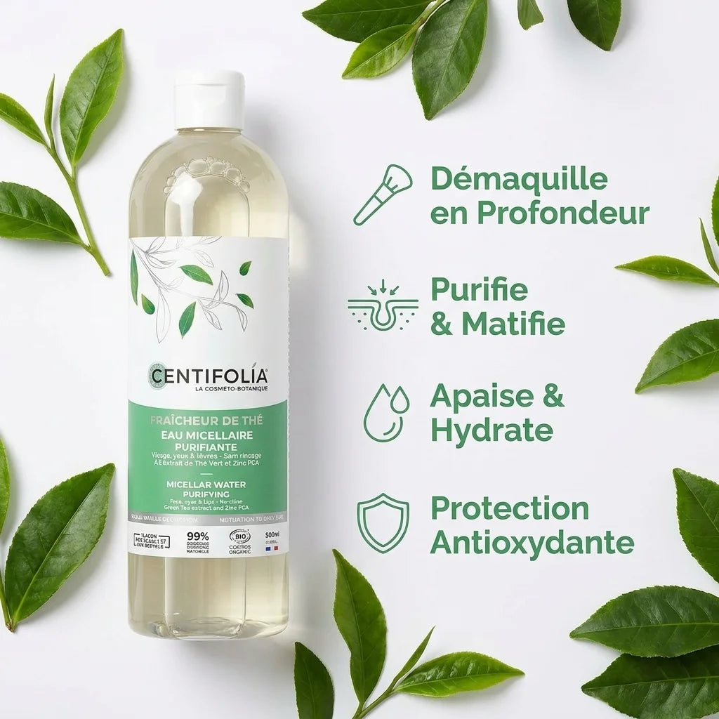 Eau Micellaire Purifiante Centifolia 500ml avec bénéfices : démaquille, purifie, apaise et protège