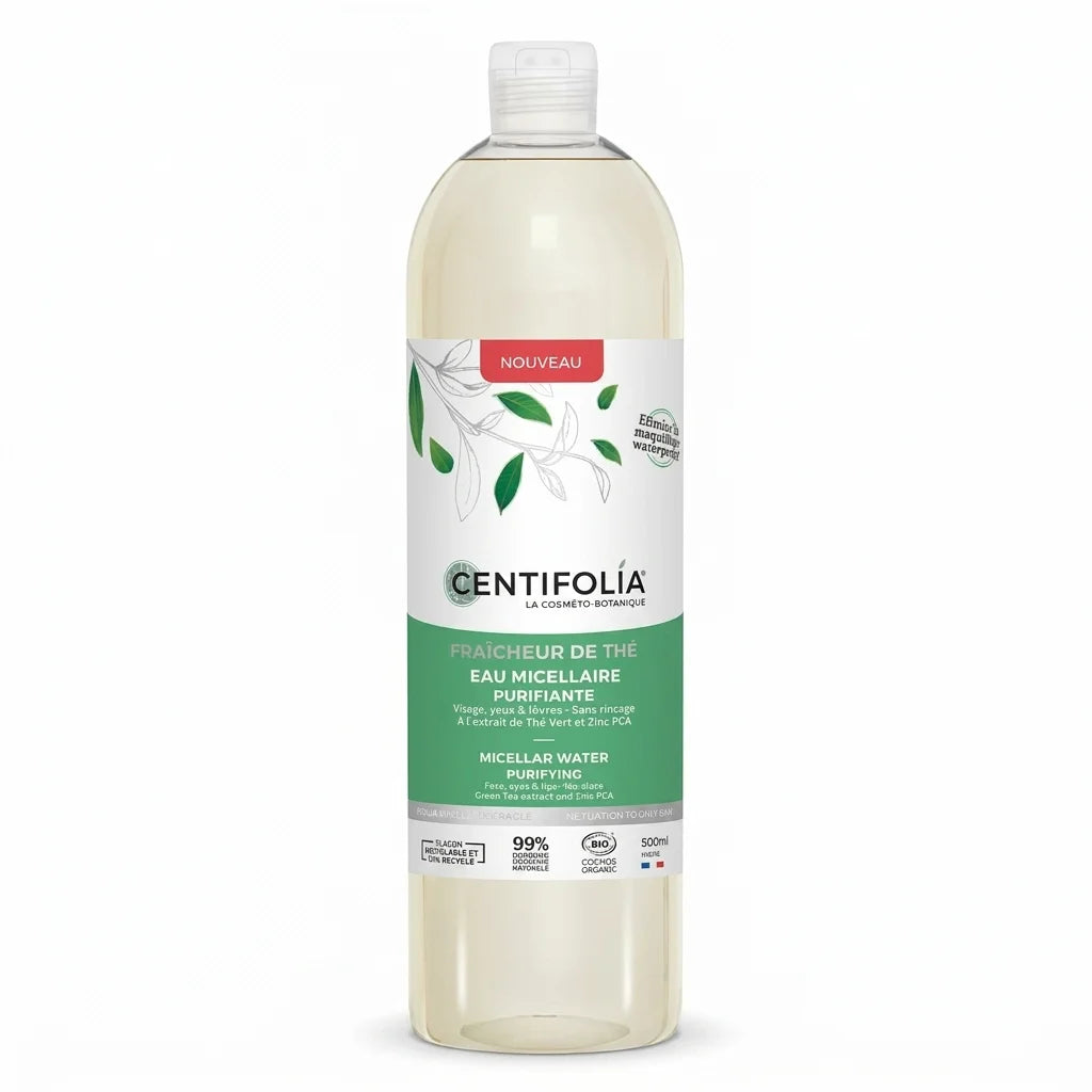 Eau Micellaire Purifiante Centifolia 500ml - Flacon verre certifié bio sur fond blanc
