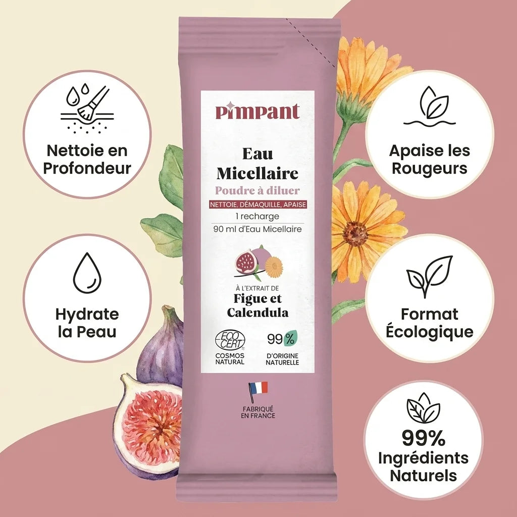 Eau micellaire Pimpant Figue Calendula avec icônes avantages : nettoyage, apaisement, hydratation