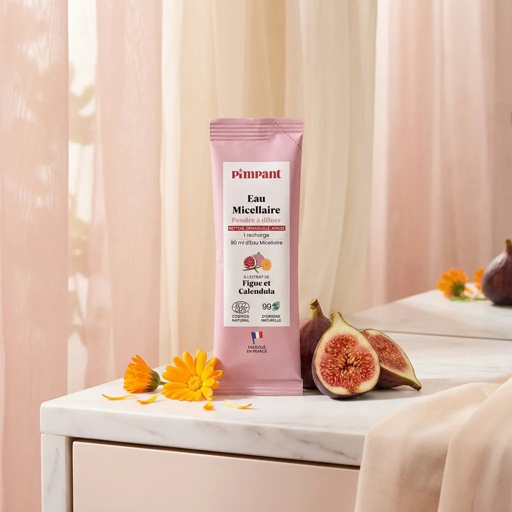 Eau micellaire recharge Pimpant Figue et Calendula sur vanité marbre avec fleurs botaniques