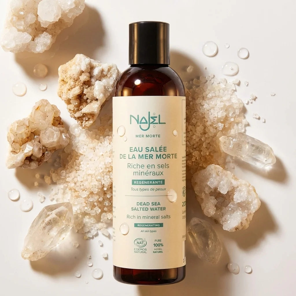 Eau Salée Mer Morte Najel 200ml - Bouteille verre ambré avec cristaux minéraux et sel marin