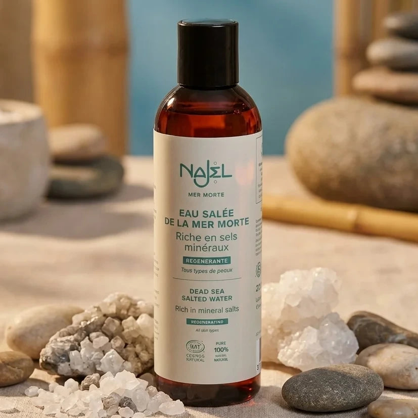 Eau salée Mer Morte Najel 200ml en flacon verre ambré, cristaux minéraux et galets, décor spa