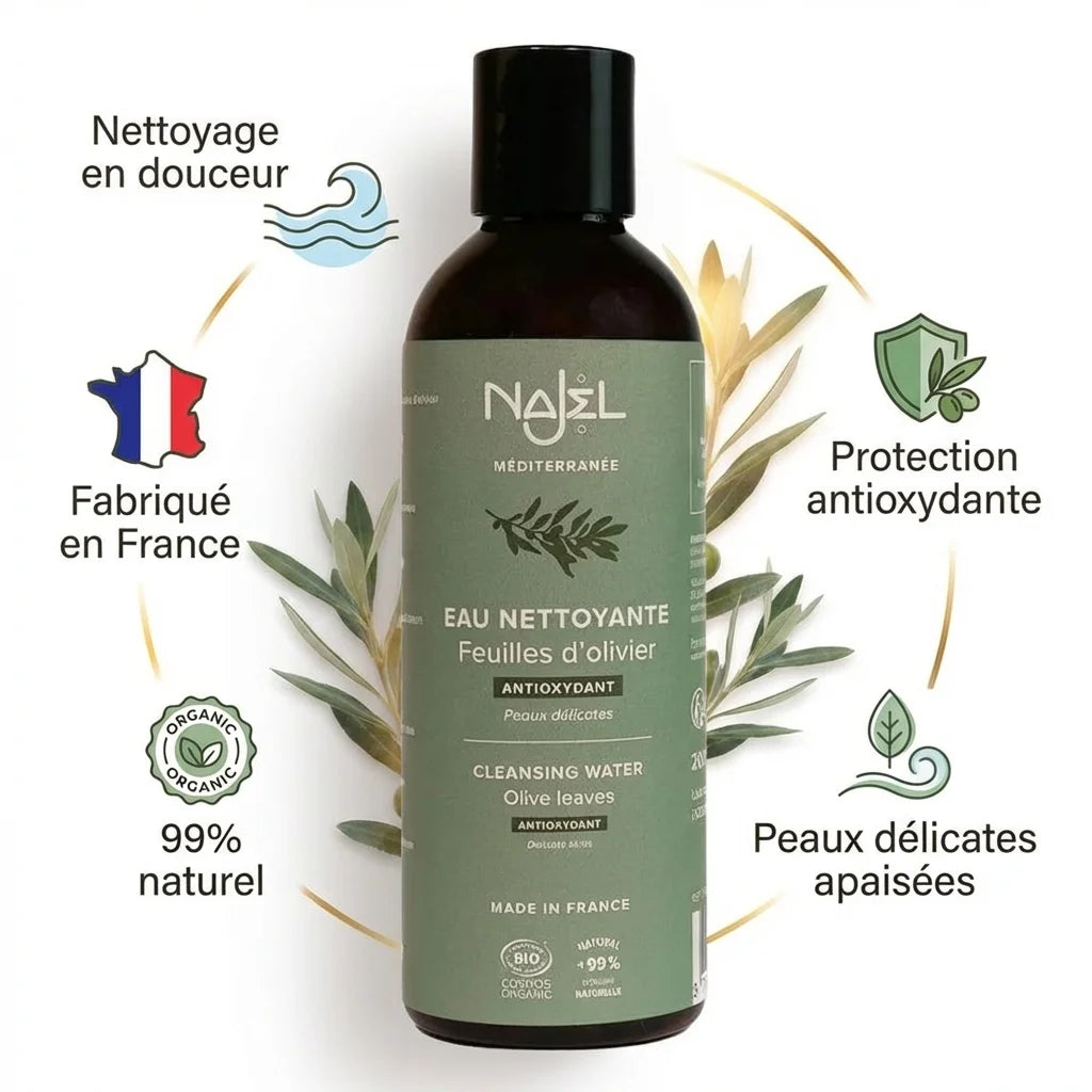 Eau tonique feuille olivier Najel 200ml bio avec infographie bénéfices nettoyage doux peaux délicates