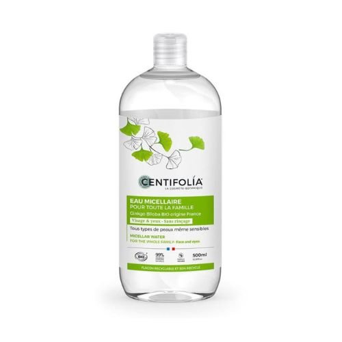 Flacon de 500ml d'Eau Micellaire Centifolia, soin nettoyant doux pour toute la famille, adapté aux peaux sensibles.