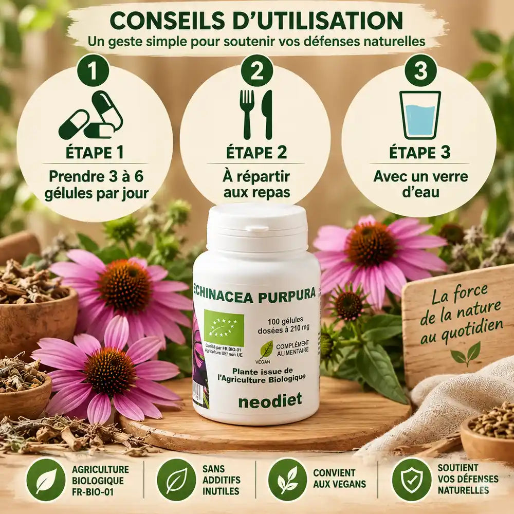 Echinacea bio 210mg - Flacon 100 gélules avec dosage et fleurs d'échinacée fraiches