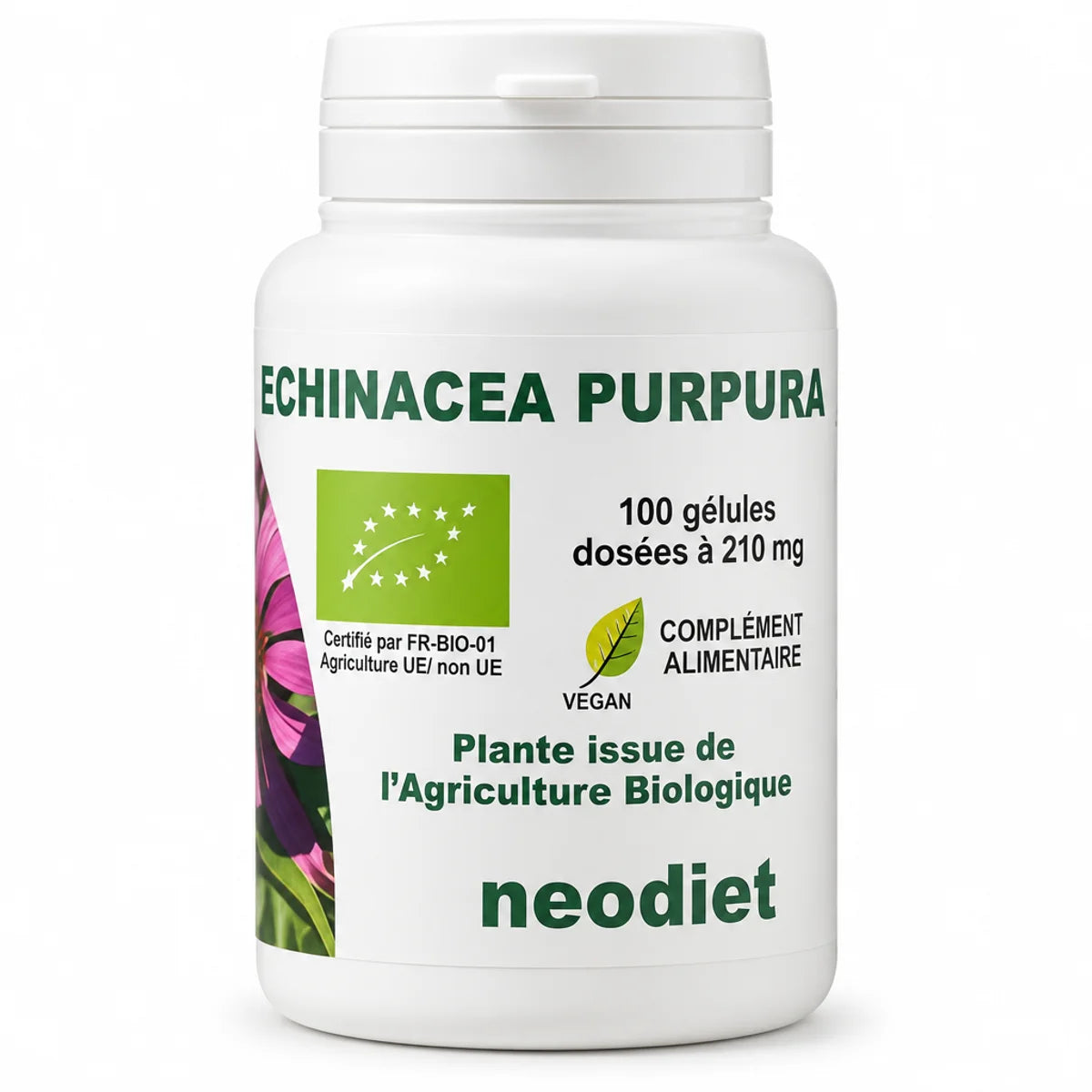 Flacon Echinacea Bio 210mg Vital Osmose, 100 gélules de racine d'échinacée certifiée bio