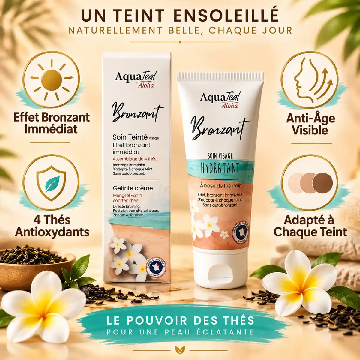 Soin visage Aquatéal Aloha Bronzant anti-âge avec bénéfices : bronzage immédiat, effet liftant et 4 thés antioxydants