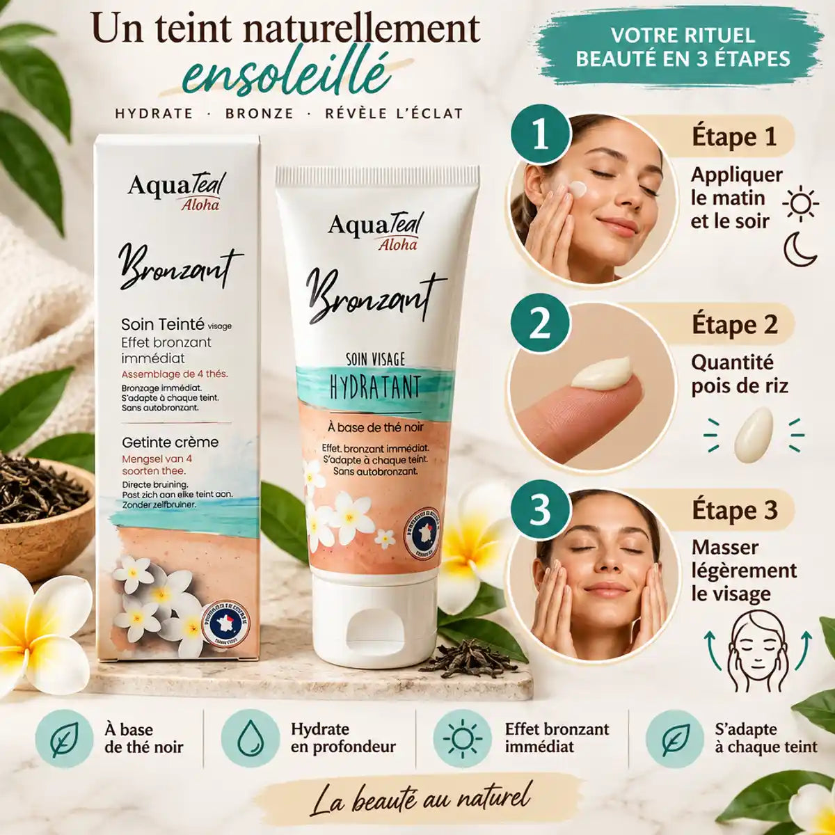 Soin visage anti-âge Aquatéal Bronzant avec guide d'application en 3 étapes et dosage recommandé
