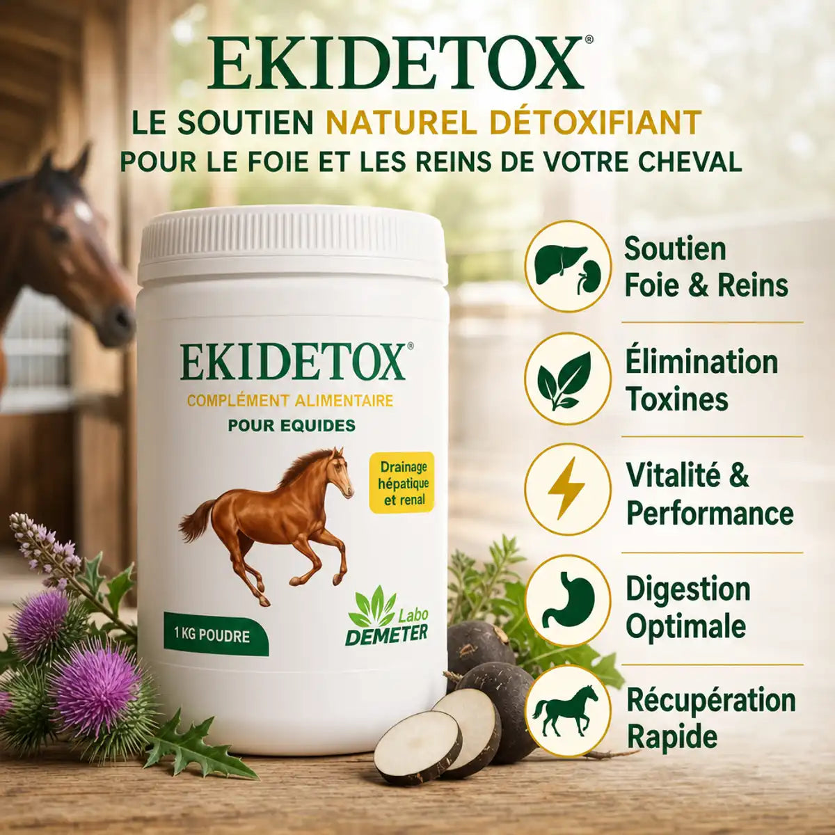 EKIDETOX poudre 1kg draineur naturel foie reins chevaux avec bénéfices santé