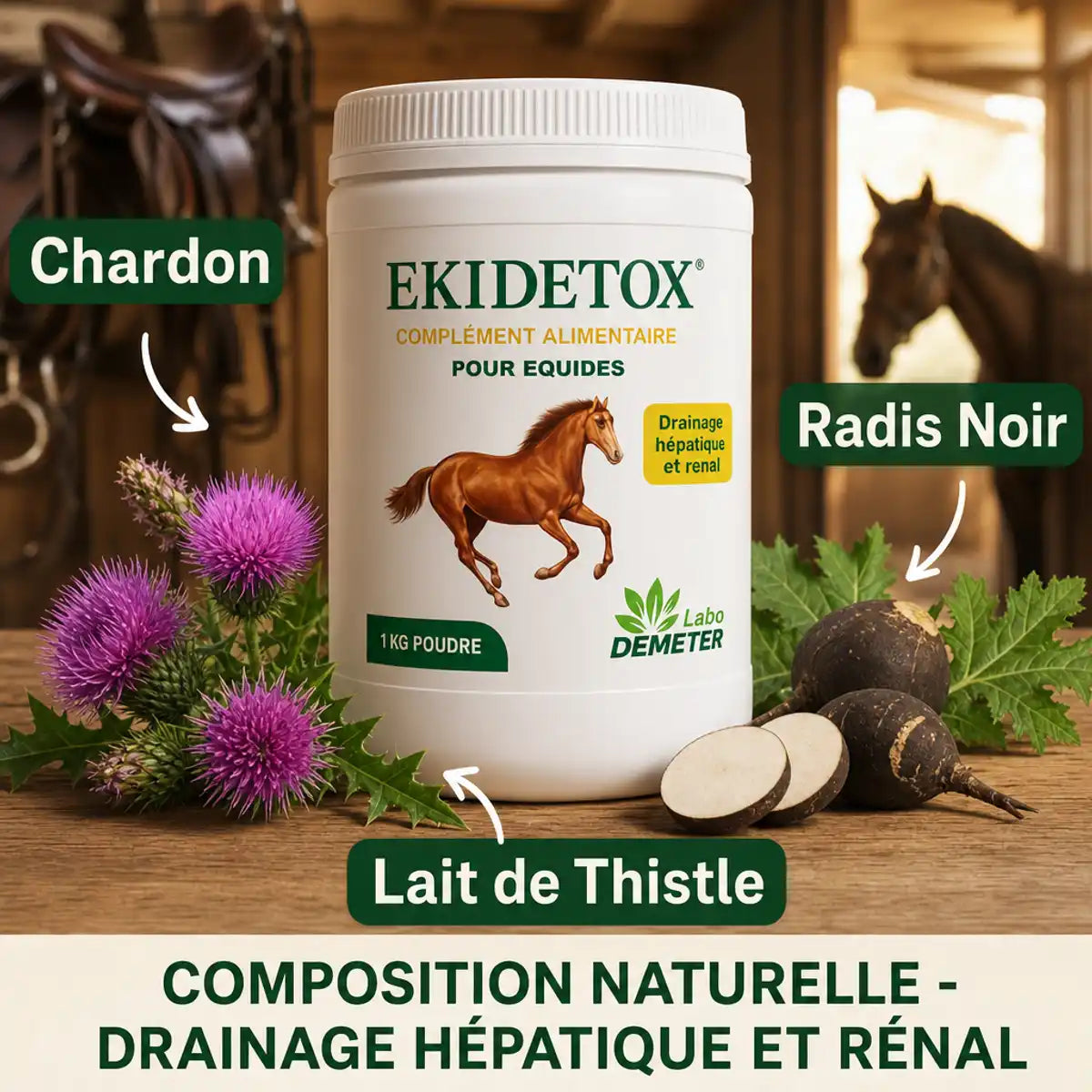 EKIDETOX draineur naturel 1kg pour foie et reins chevaux avec ingrédients naturels